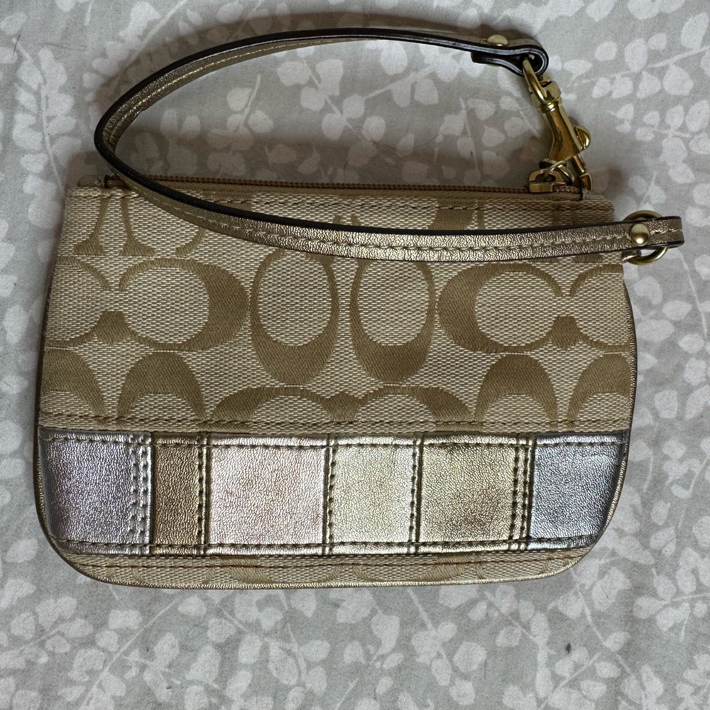 COACH multi Metallic  Lstripe eather Mini Signature C Logo Wristlet Clutch